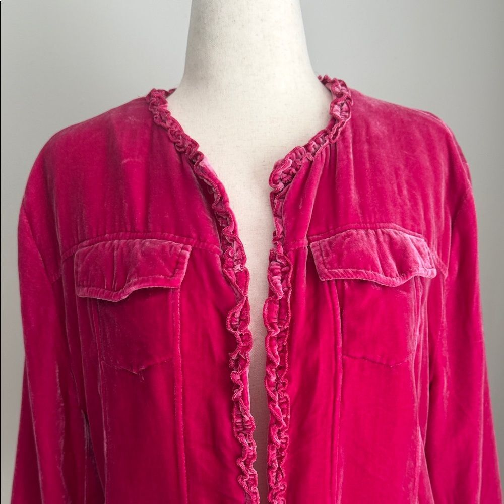 Chico’s Velvet Jacket Magenta Pink Ruffle Trim Rayon Silk Blend Boho Romantic XL - Picture 4 of 12
